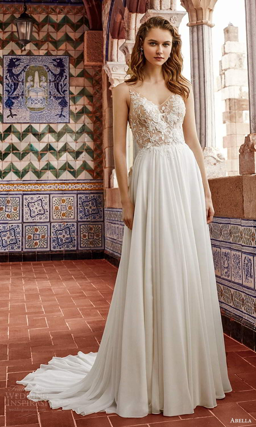 abella allure bridals 2020 bridal sleeveless illusion straps v neckline embellished sheer bodice a line wedding dress chapel train (9) mv