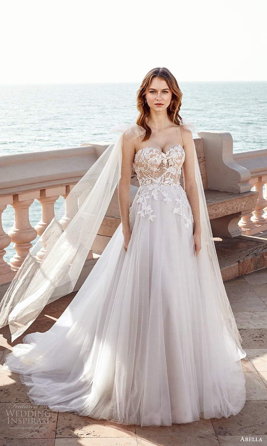 abella allure bridals 2020 bridal sleeveless sheer bow straps sweetheart neckline embellished sheer bodice a line ball gown wedding dress chapel train (14) mv