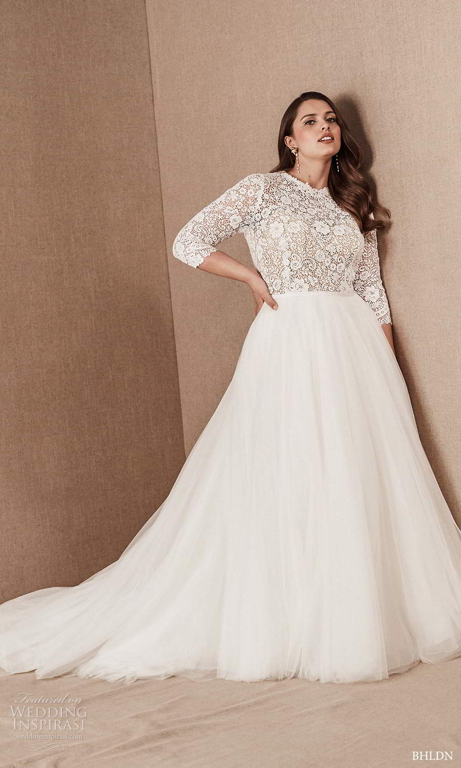 bhldn 2020 bridal plus size 3 quarter sleeves jewel neckline embellished bodice a line ball gown wedding dress chapel train (18) mv