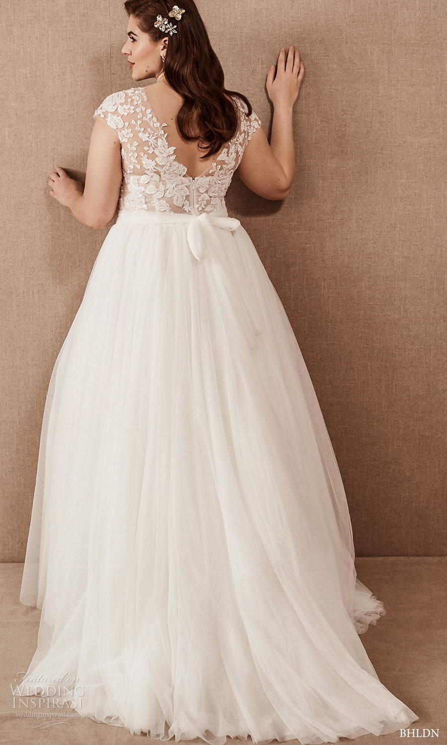 bhldn 2020 bridal plus size cap sleeves v neckline embellished bodice a line ball gown wedding dress chapel train (17) bv