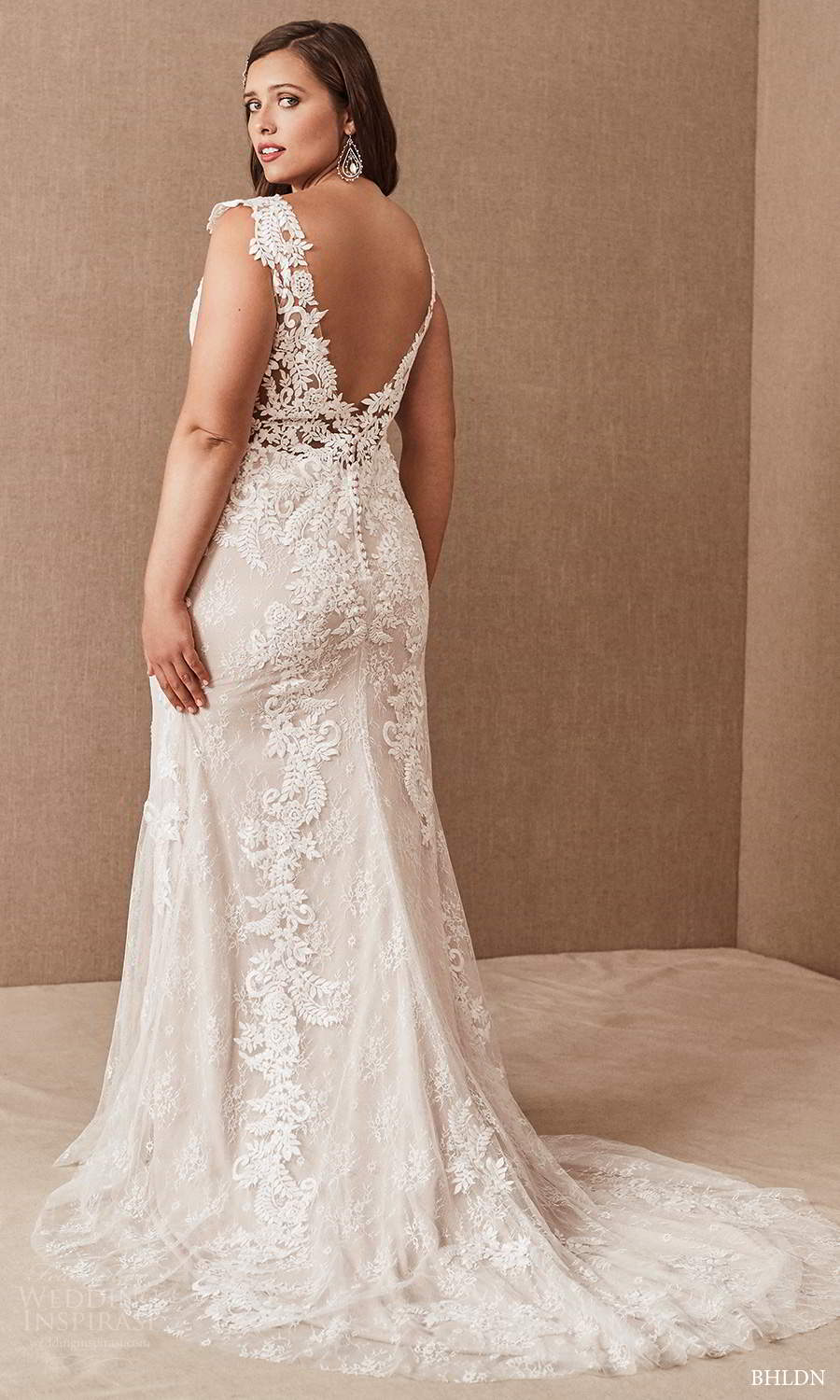 bhldn 2020 bridal plus size cap sleeves v neckline fully embellished lace sheath wedding dress chapel train (6) bv
