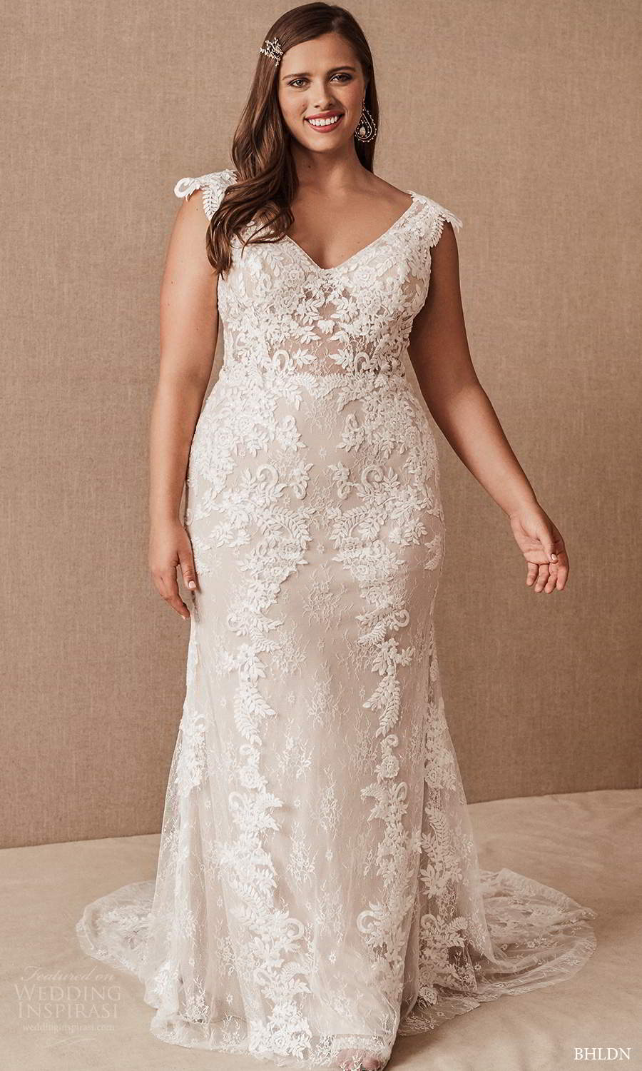 bhldn 2020 bridal plus size cap sleeves v neckline fully embellished lace sheath wedding dress chapel train (6) mv