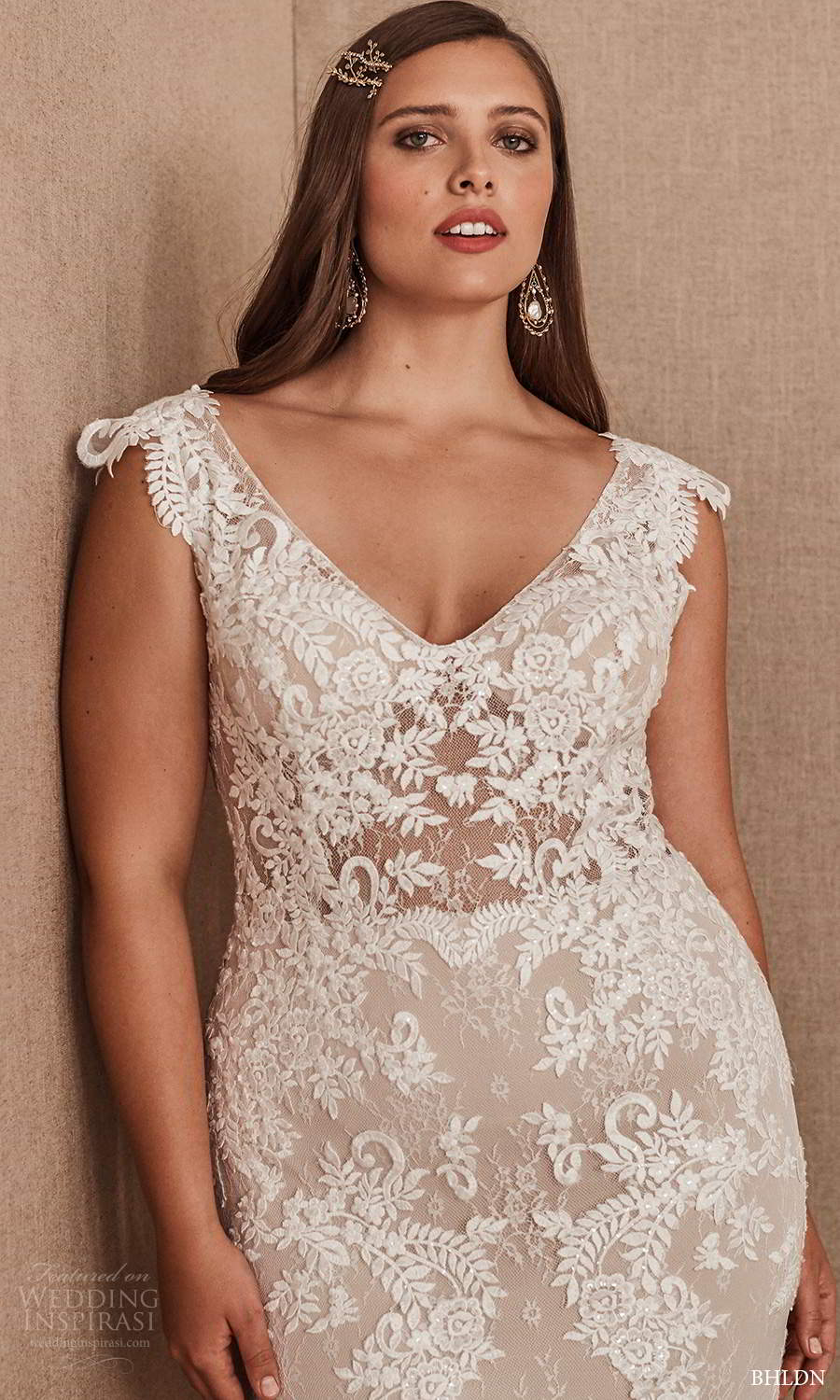 bhldn 2020 bridal plus size cap sleeves v neckline fully embellished lace sheath wedding dress chapel train (6) zv
