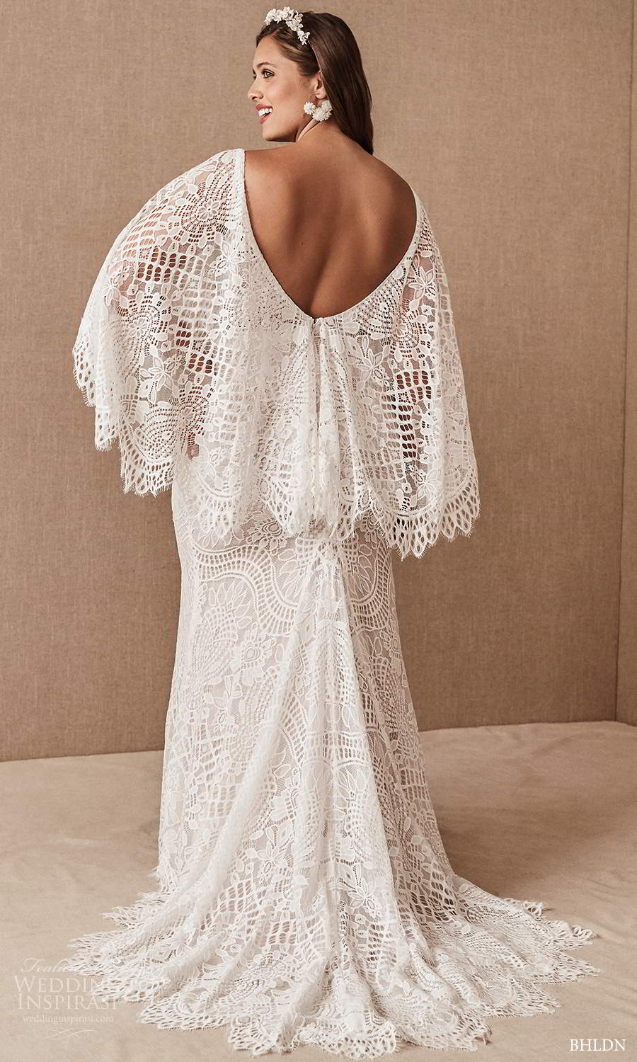 bhldn 2020 bridal plus size flutter kaftan sleeves v neckline fully embellished fit flare sheath boho wedding dress (4) bv