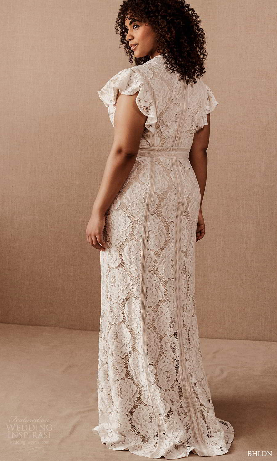bhldn 2020 bridal plus size flutter sleeve v neckline fully embellished lace sheath column wedding dress slit skirt sweep train (9) bv