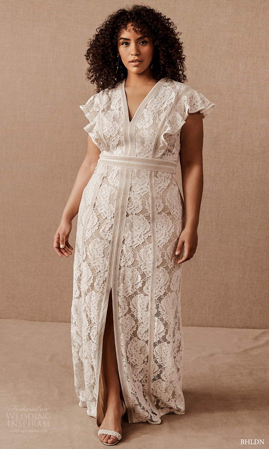 bhldn 2020 bridal plus size flutter sleeve v neckline fully embellished lace sheath column wedding dress slit skirt sweep train (9) mv