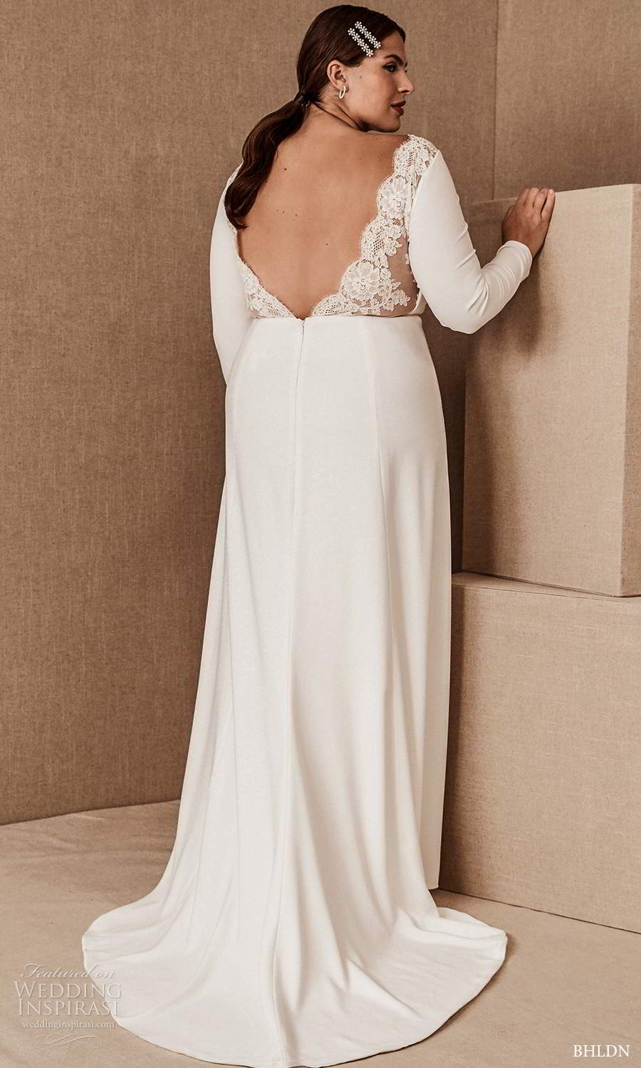bhldn 2020 bridal plus size long sleeves bateau necklne clean minimalist sheath wedding dress slit skirt sweep train (15) bv