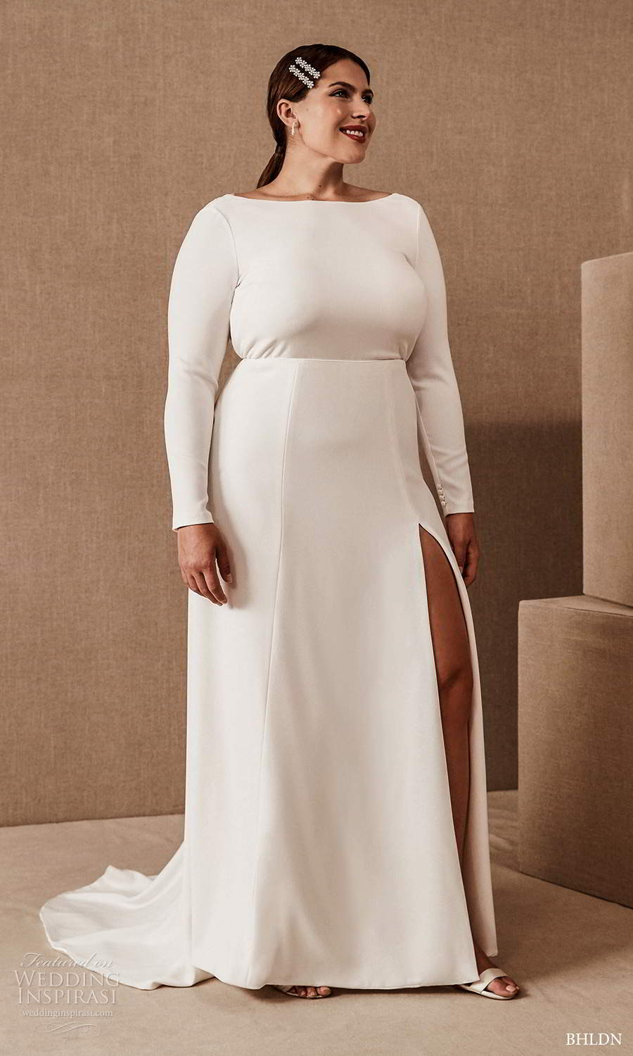 bhldn 2020 bridal plus size long sleeves bateau necklne clean minimalist sheath wedding dress slit skirt sweep train (15) mv