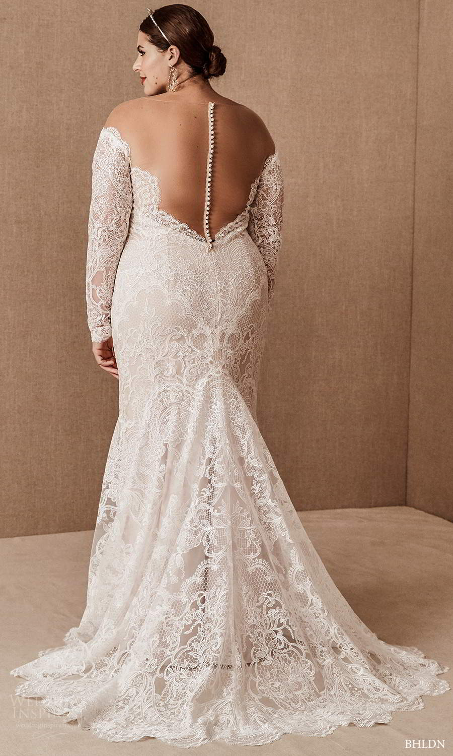 bhldn 2020 bridal plus size long sleeves illusion bateau sweetheart neckline fully embellishe lace sheath wedding dress chapel train (10) bv