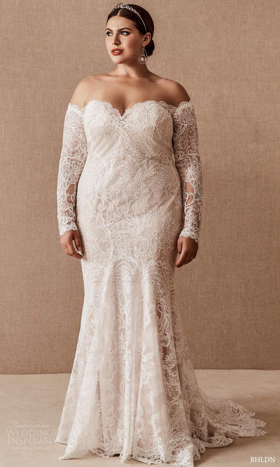 bhldn 2020 bridal plus size long sleeves illusion bateau sweetheart neckline fully embellishe lace sheath wedding dress chapel train (10) mv