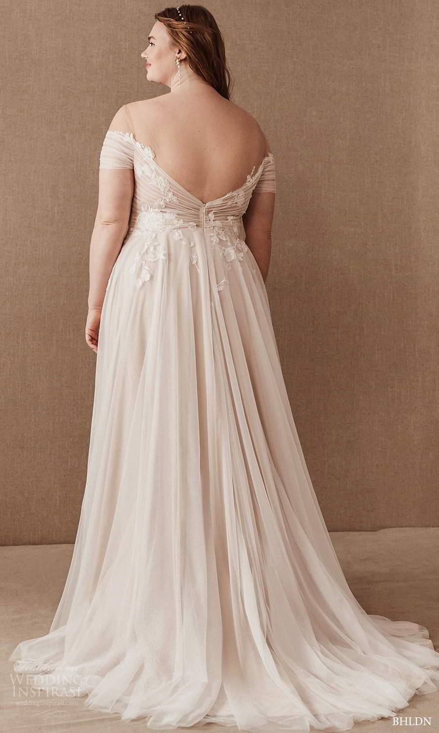 bhldn 2020 bridal plus size short sleeves illusion jewel off shoulder crossover neckline embellished bodice a line wedding dress chapel train (2) bv