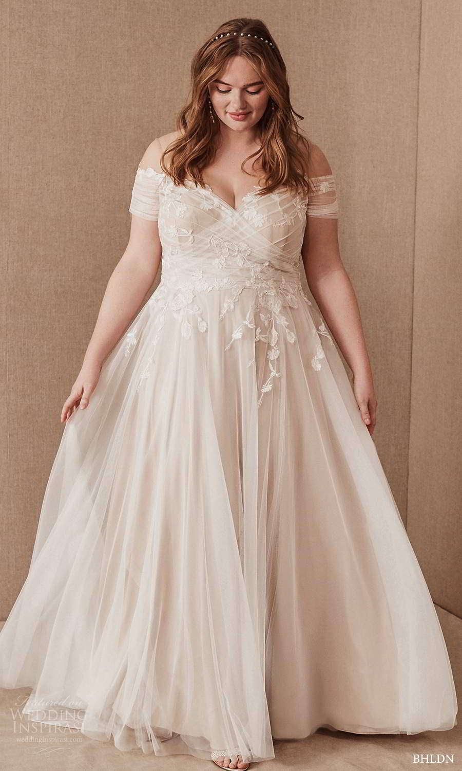 bhldn 2020 bridal plus size short sleeves illusion jewel off shoulder crossover neckline embellished bodice a line wedding dress chapel train (2) fv