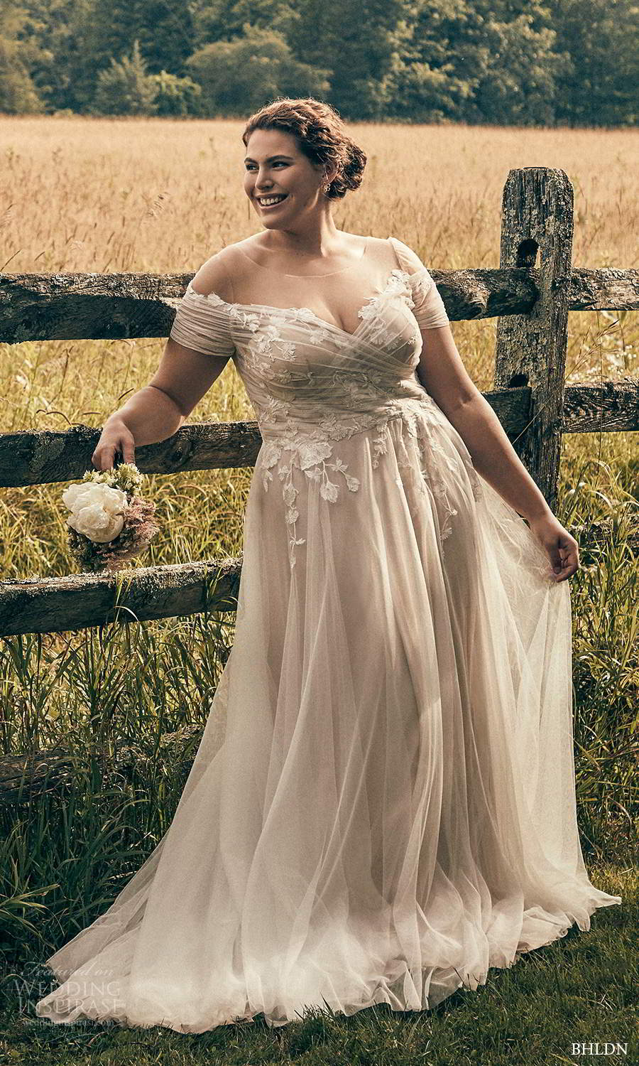bhldn 2020 bridal plus size short sleeves illusion jewel off shoulder crossover neckline embellished bodice a line wedding dress chapel train (2) mv