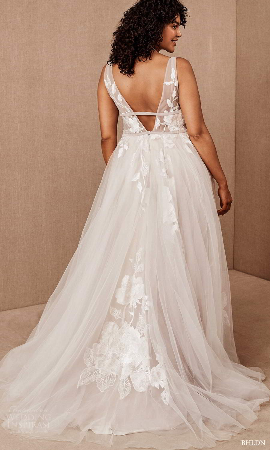 bhldn 2020 bridal plus size sleeveless straps deep v neckline embelished bodice a line ball gown wedding dress blush chapel train (11) bv