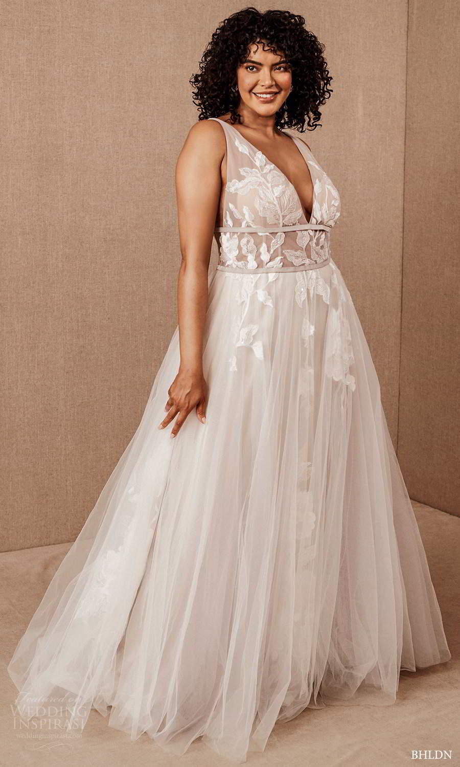 bhldn 2020 bridal plus size sleeveless straps deep v neckline embelished bodice a line ball gown wedding dress blush chapel train (11) mv