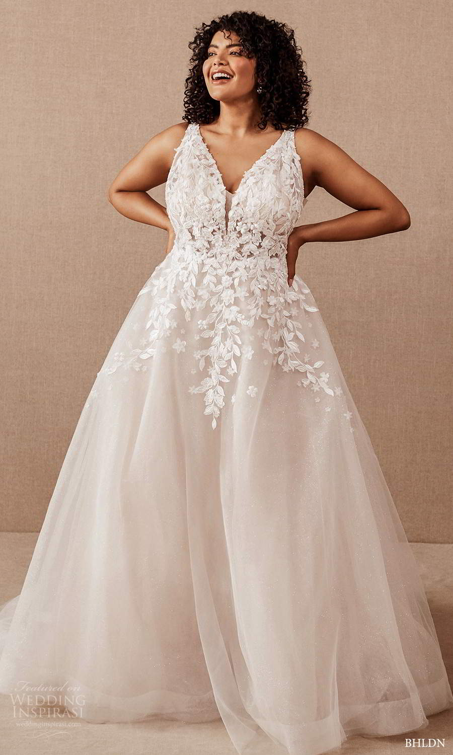 bhldn 2020 bridal plus size sleeveless straps plunging v neckline embellished bodice a line ball gown wedding dress chapel train (1) fv