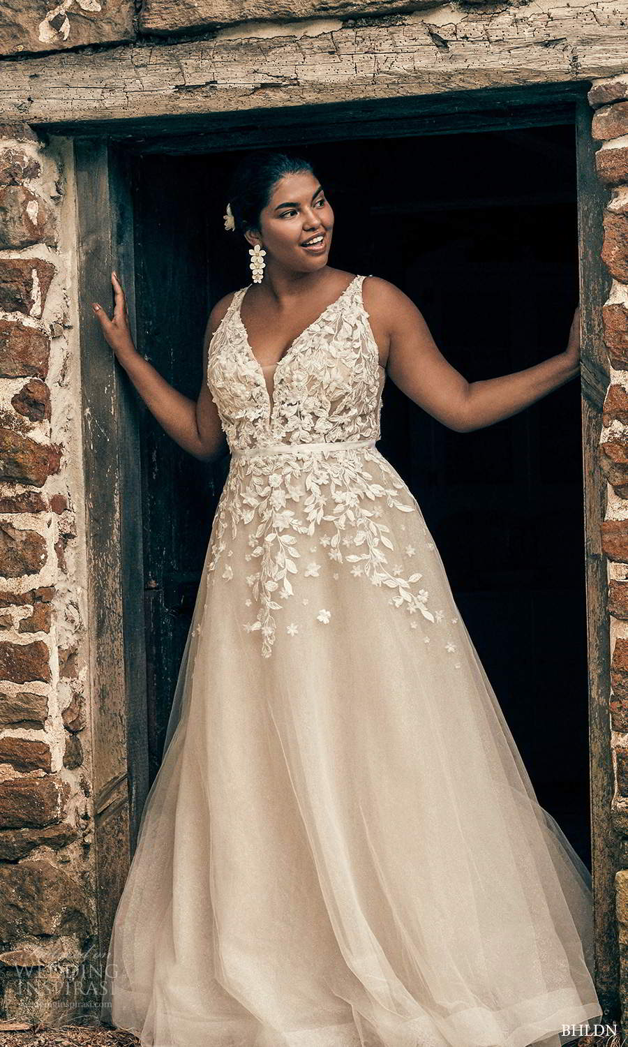 bhldn 2020 bridal plus size sleeveless straps plunging v neckline embellished bodice a line ball gown wedding dress chapel train (1) mv