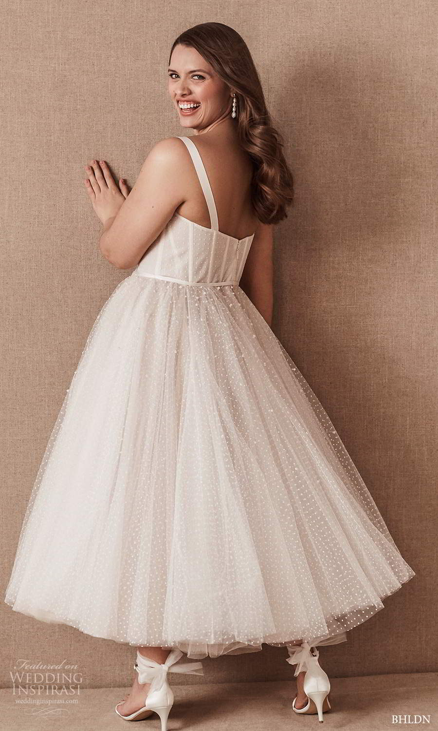 bhldn 2020 bridal plus size sleeveless straps semi sweethart dotted tulle a line tea length wedding dress (3) bv