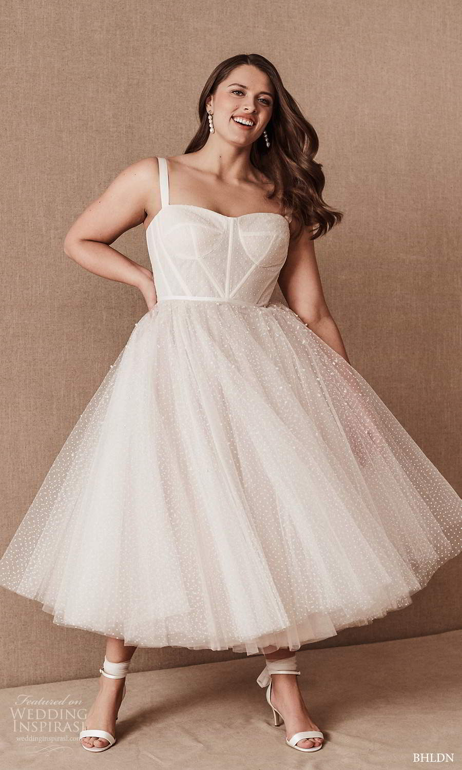 bhldn 2020 bridal plus size sleeveless straps semi sweethart dotted tulle a line tea length wedding dress (3) fv 