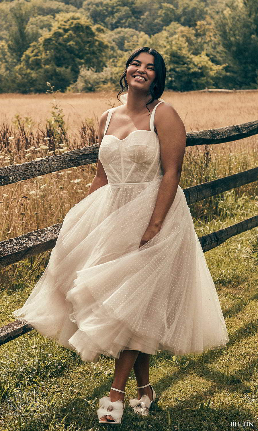 bhldn 2020 bridal plus size sleeveless straps semi sweethart dotted tulle a line tea length wedding dress (3) fv