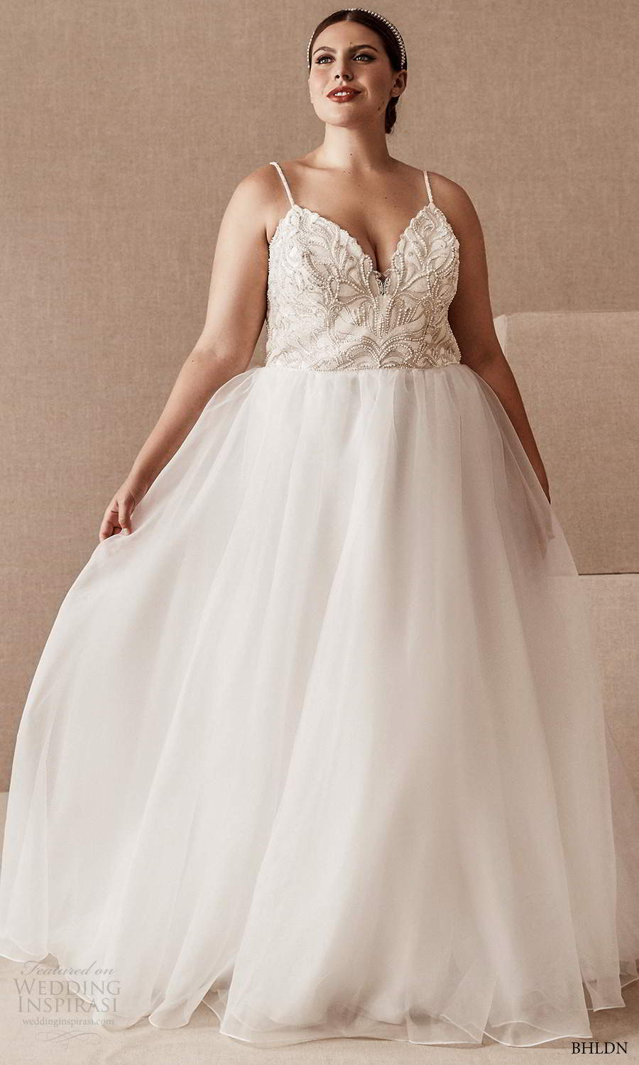 bhldn 2020 bridal plus size sleeveless thin straps sweetheart neckline embellished bodice a line ball gown wedding dress chapel train (19) mv
