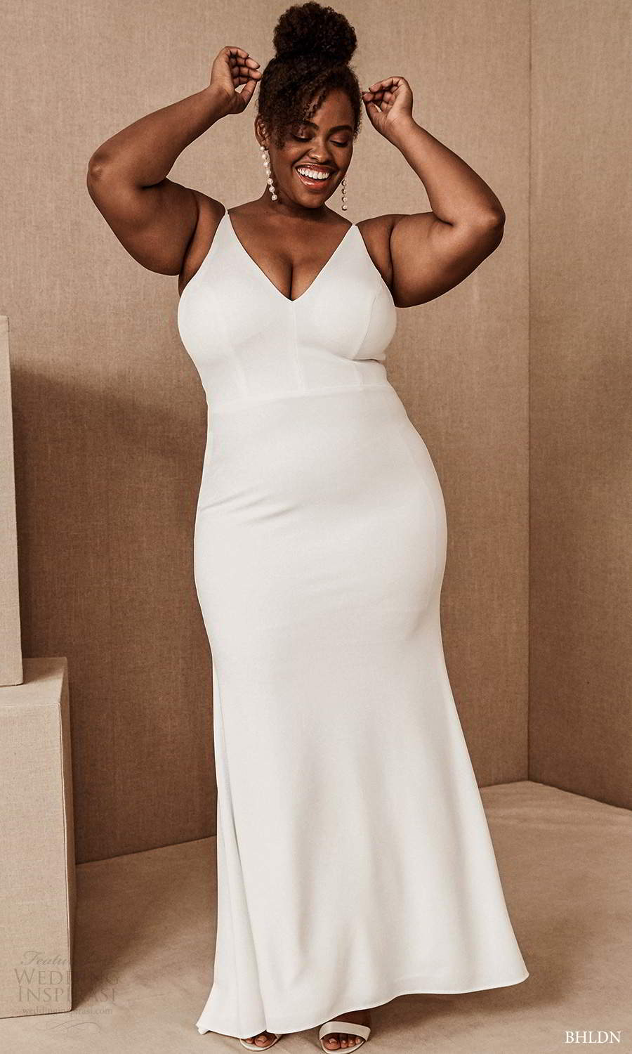 bhldn 2020 bridal plus size sleeveless thin straps v neckline clean minimalist sheath wedding dress sweep train (13) mv