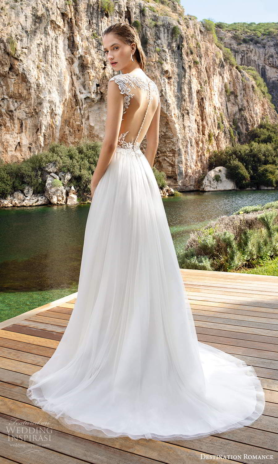 destination romance 2020 bridal cap sleeves sheer bateau plunging v neckline a line wedding dress chapel train (8) bv