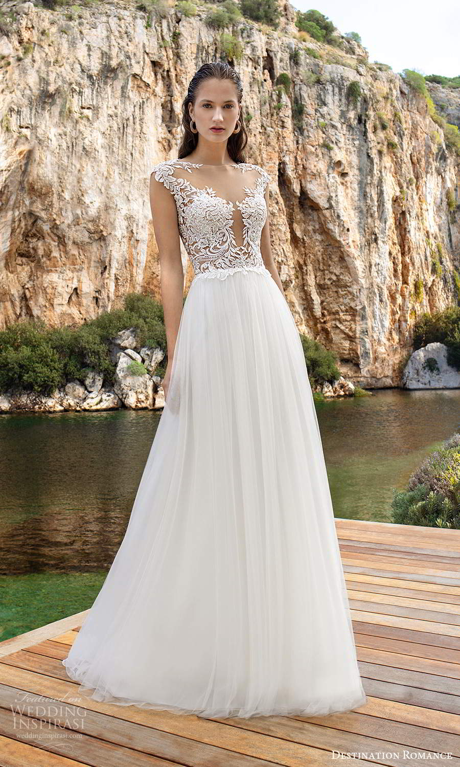 destination romance 2020 bridal cap sleeves sheer bateau plunging v neckline a line wedding dress chapel train (8) mv