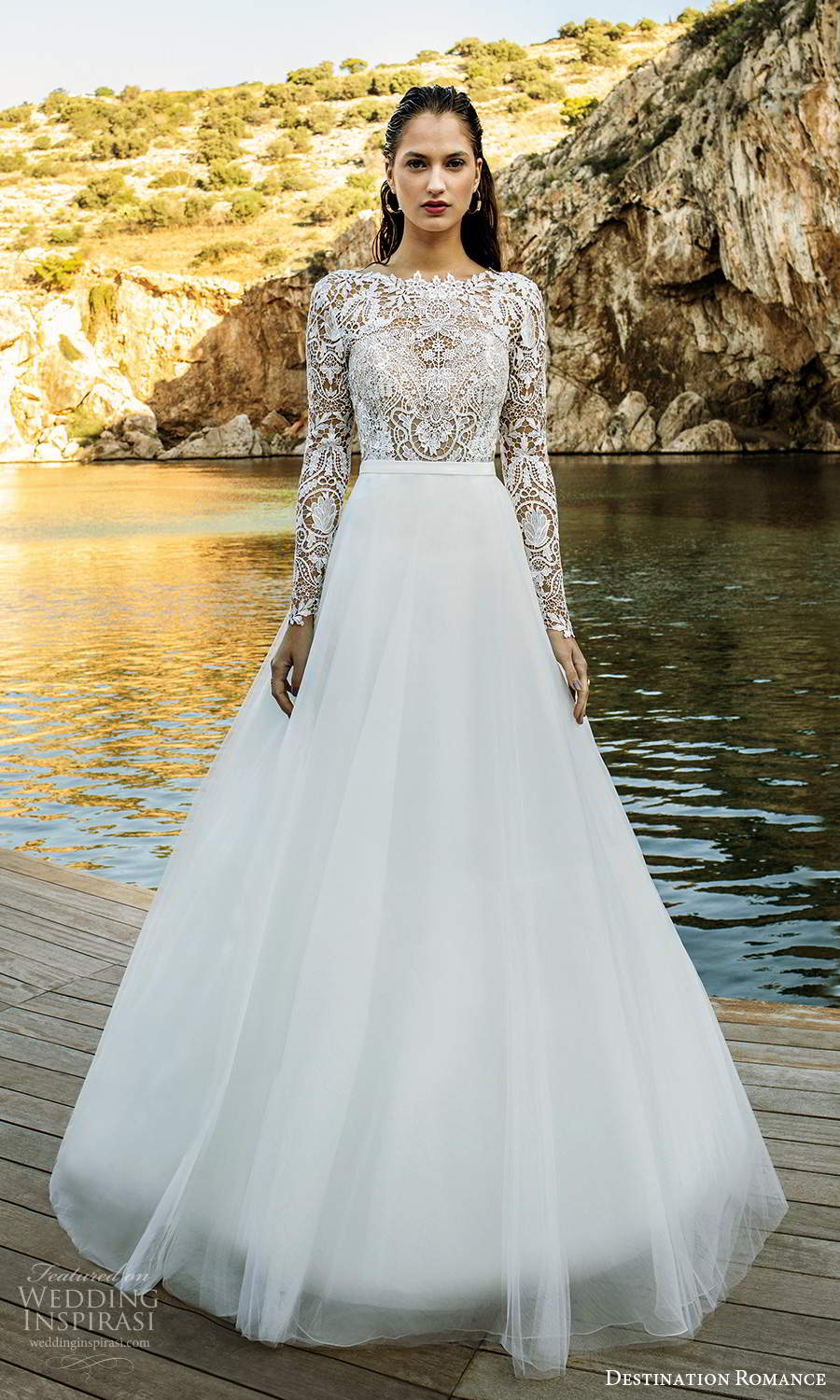 destination romance 2020 bridal illusion long sleeves bateau neckline short jumpsuit a line overskirt wedding dress (6) mv