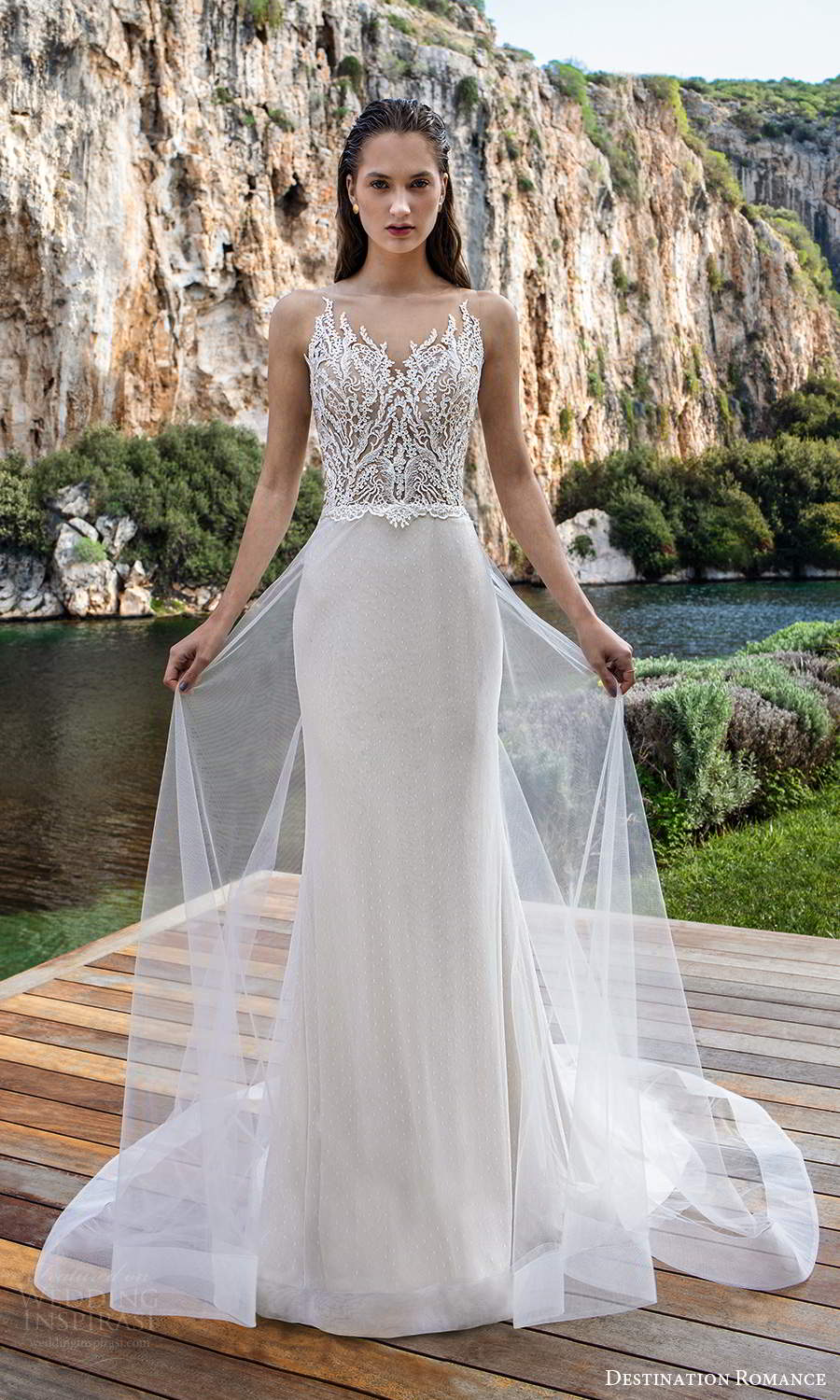 destination romance 2020 bridal sleeveless illusion straps scalloped v neckline embellished lace bodice sheath wedding dress aline overskirt (3) mv