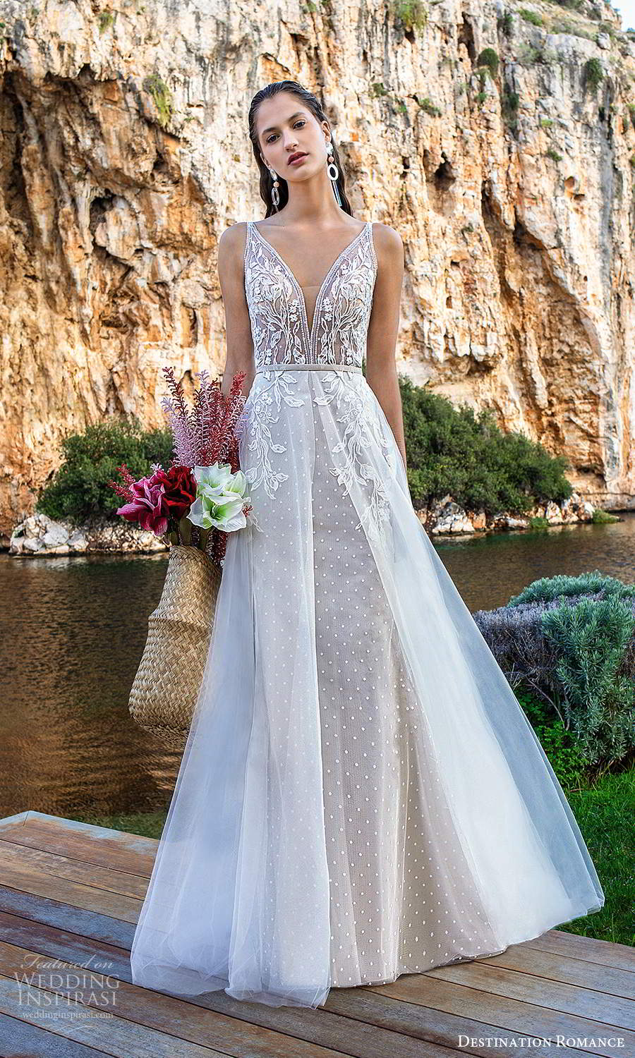 destination romance 2020 bridal sleeveless strapls plunging v neckline embellished bodice a line wedding dress scoop back chapel train (4) mv