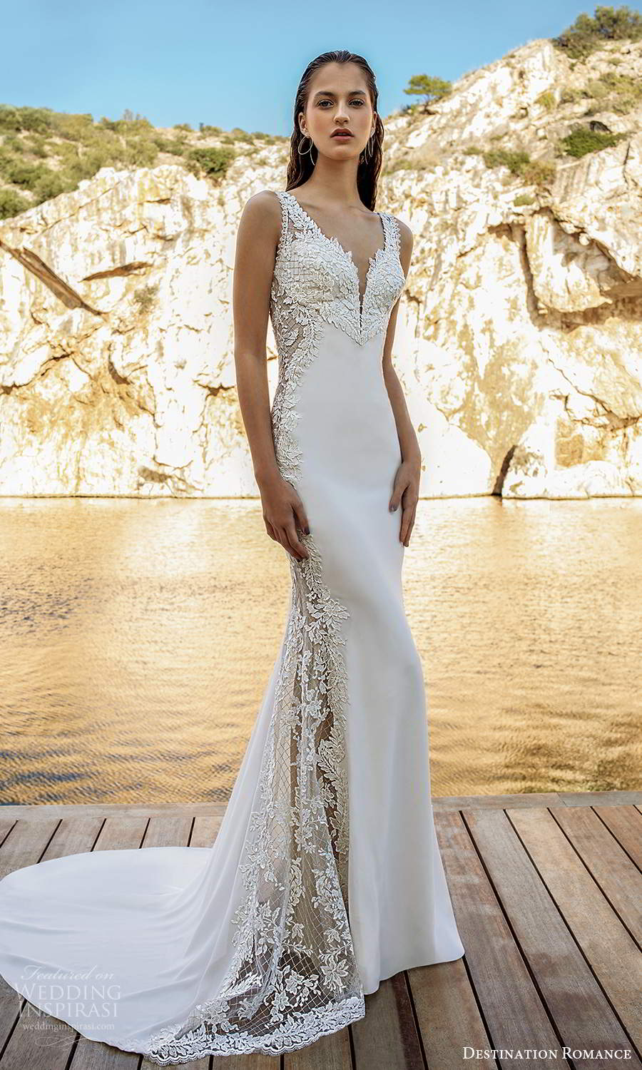 destination romance 2020 bridal sleeveless straps plunging v neckline embellished bodice sheath wedding dress scoop back chapel train (1) mv