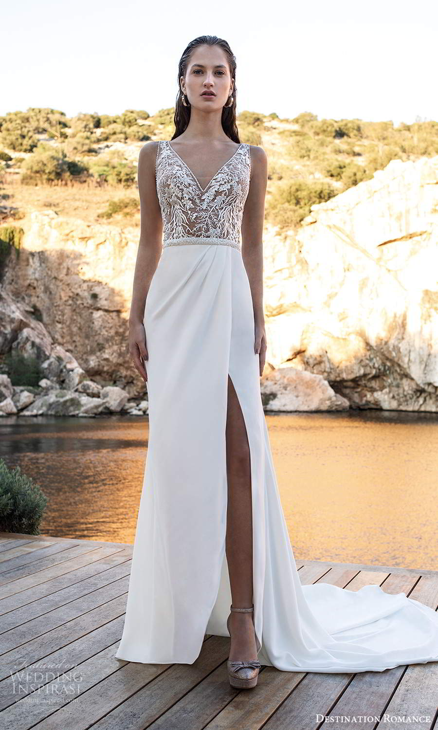 destination romance 2020 bridal sleeveless straps v neckline embellished bodice column wedding dress slit skirt chapel train (16) mv