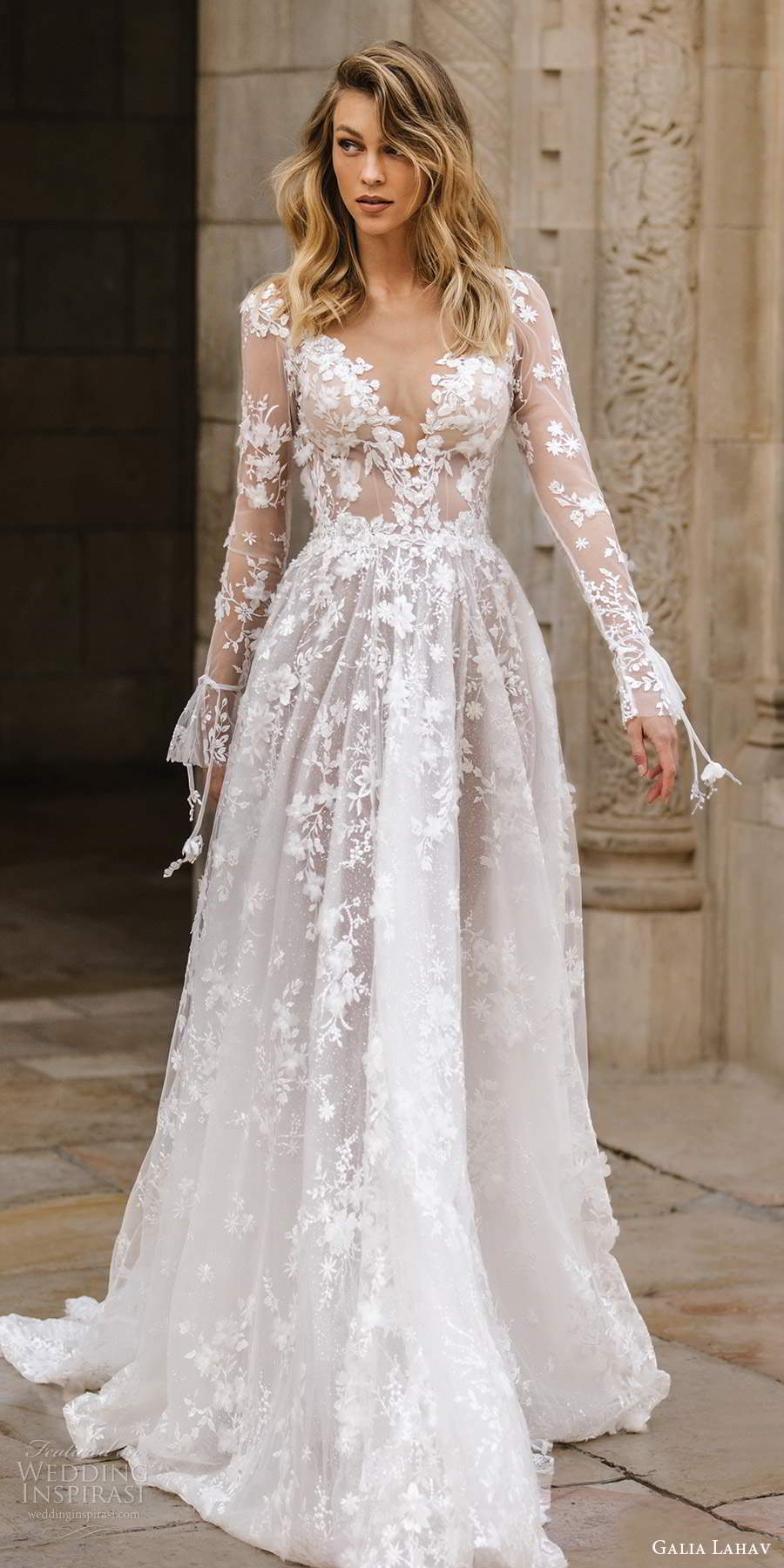 galia lahav fall 2020 gala bridal illusion long sleeves plunging v neckline fully embellished lace a line ball gown wedding dress chapel train (1) lv