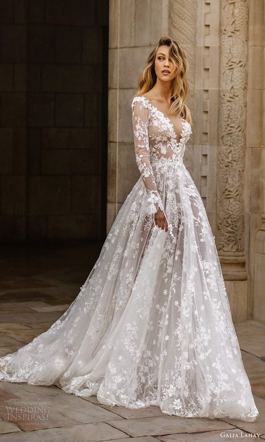 galia lahav fall 2020 gala bridal illusion long sleeves plunging v neckline fully embellished lace a line ball gown wedding dress chapel train (1) mv