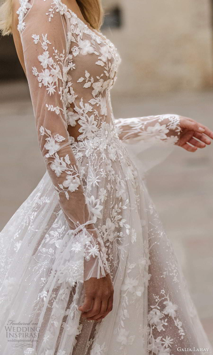 galia lahav fall 2020 gala bridal illusion long sleeves plunging v neckline fully embellished lace a line ball gown wedding dress chapel train (1) zsv