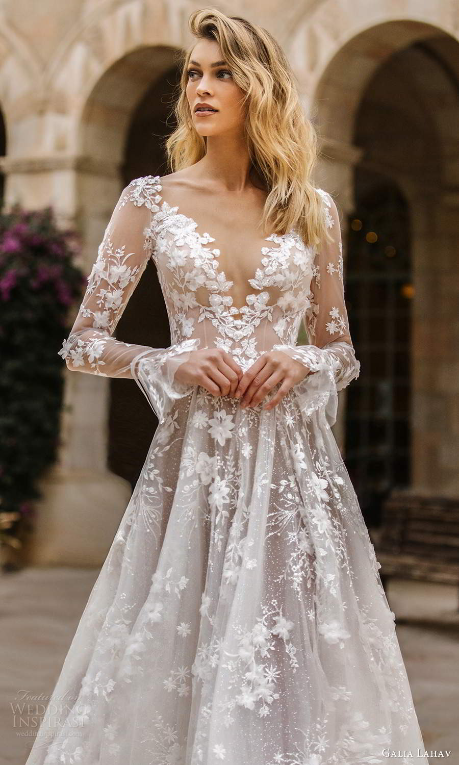 galia lahav fall 2020 gala bridal illusion long sleeves plunging v neckline fully embellished lace a line ball gown wedding dress chapel train (1) zv