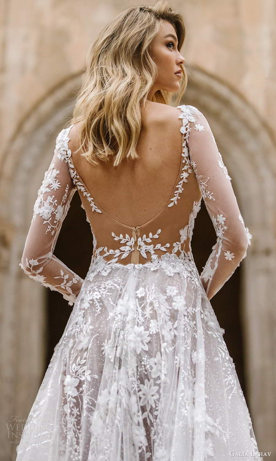 galia lahav fall 2020 gala bridal illusion long sleeves plunging v neckline fully embellished lace a line ball gown wedding dress chapel train scoop back (1) zbv