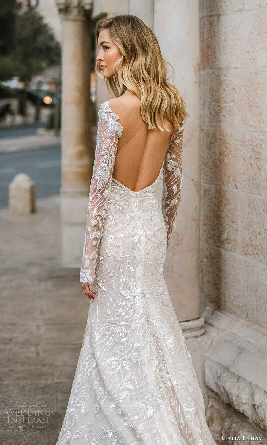 galia lahav fall 2020 gala bridal long sleeves plunging v neckline fully embellished sheath wedding dress slit skirt sweep train (3) bv