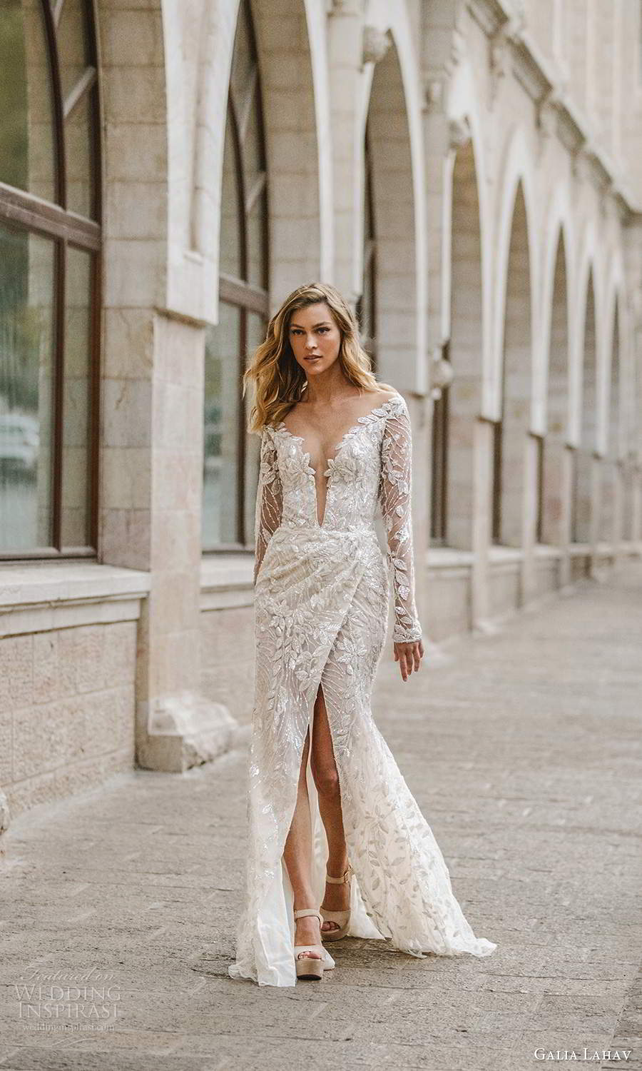 galia lahav fall 2020 gala bridal long sleeves plunging v neckline fully embellished sheath wedding dress slit skirt sweep train (3) mv