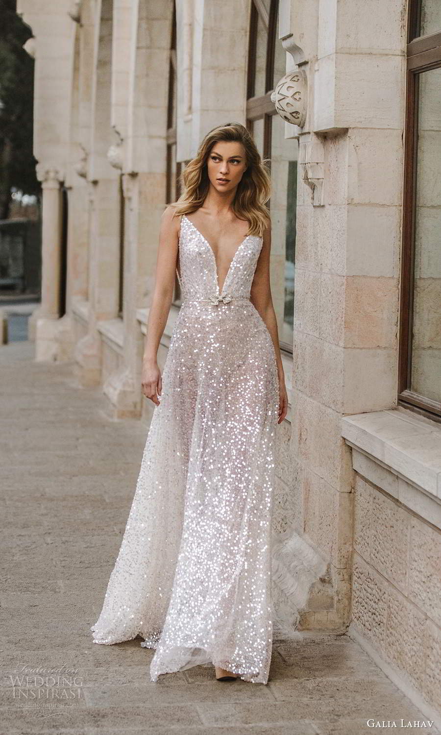 galia lahav fall 2020 gala bridal sleeveless beaded straps plunging v neckline fully embellished glitzy a line ball gown wedding dress sweep train (4) mv