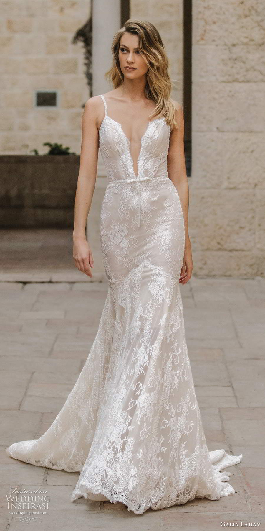 galia lahav fall 2020 gala bridal sleeveless beaded straps plunging v neckline fully embellished lace fit flare mermaid wedding dress chapel train (5) lv