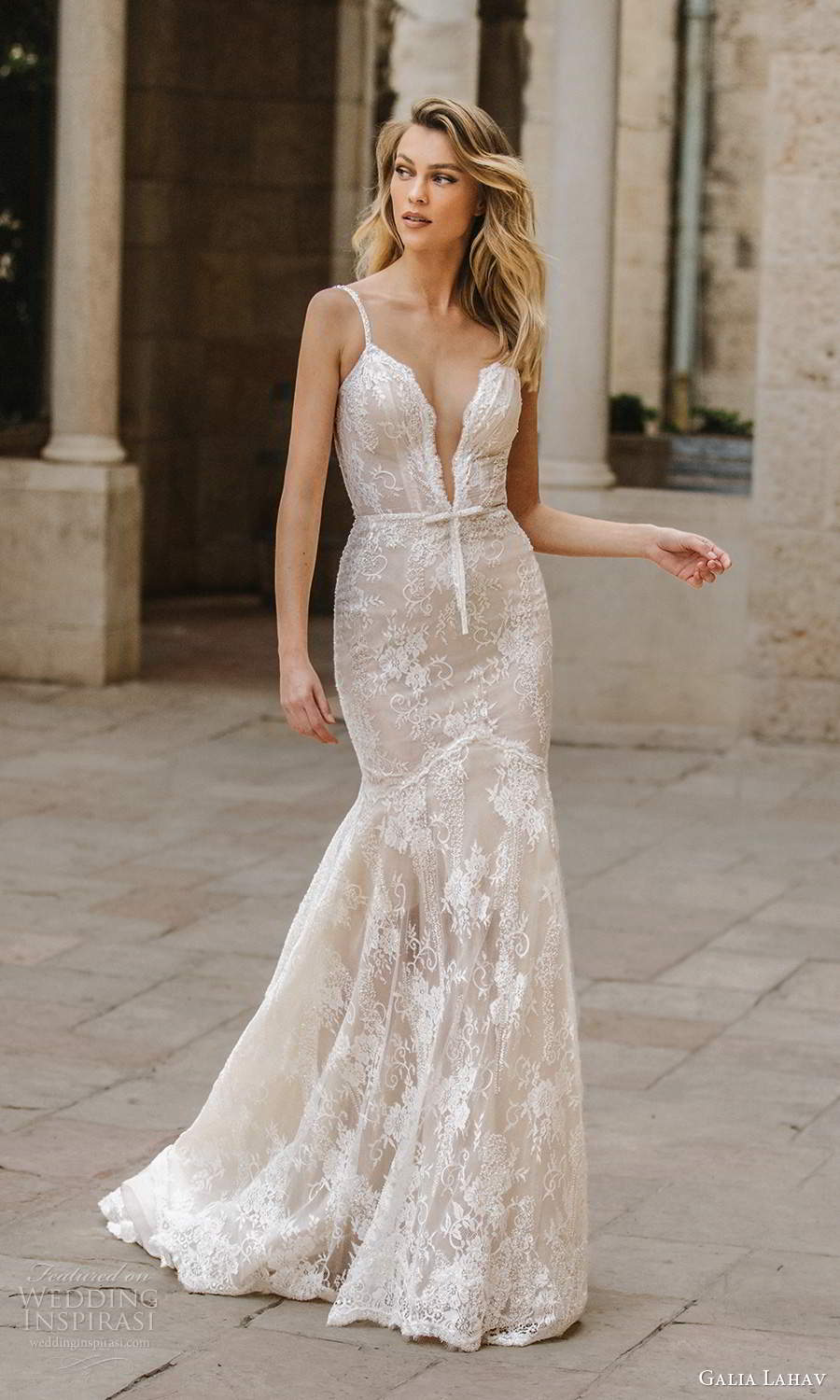 galia lahav fall 2020 gala bridal sleeveless beaded straps plunging v neckline fully embellished lace fit flare mermaid wedding dress chapel train (5) mv