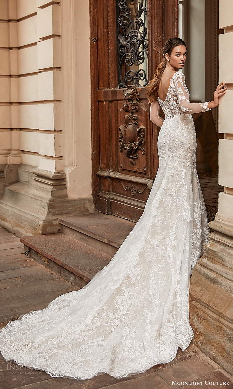 moonlight couture spring 2021 bridal illusion long sleeve v neckline fully embellished lace sheath trumpet mermaid wedding dress chapel train (1) bv