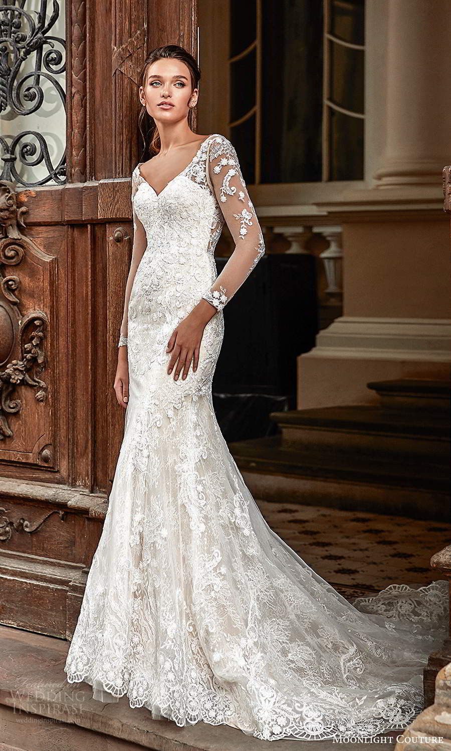 moonlight couture spring 2021 bridal illusion long sleeve v neckline fully embellished lace sheath trumpet mermaid wedding dress chapel train (1) mv