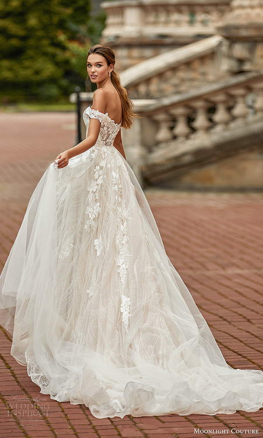 moonlight couture spring 2021 bridal off shoulder straps sweetheart neckline fully embellished sheath wedding dress sheer a line overskirt chapel train (7) bv