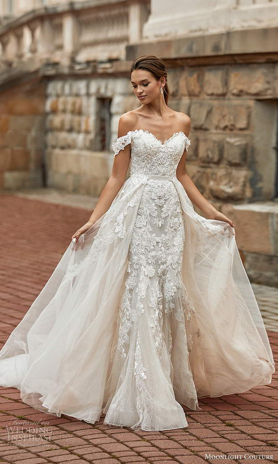 moonlight couture spring 2021 bridal off shoulder straps sweetheart neckline fully embellished sheath wedding dress sheer a line overskirt chapel train (7) mv