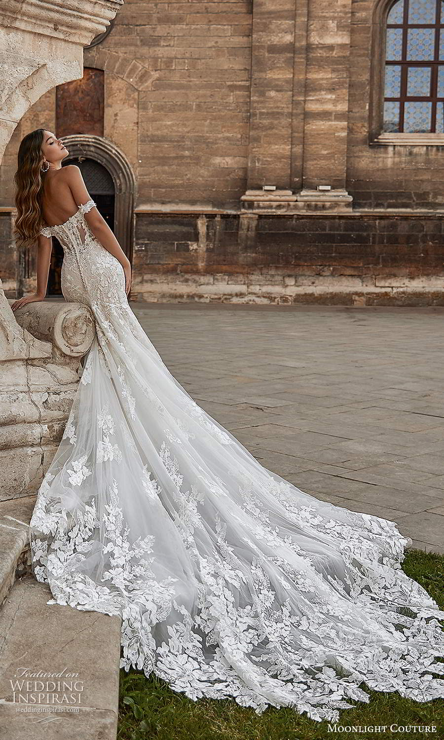 moonlight couture spring 2021 bridal off shoulder straps sweetheart neckline fully emebellished lace fit flare mermaid wedding dress cathedral train (6) bv 