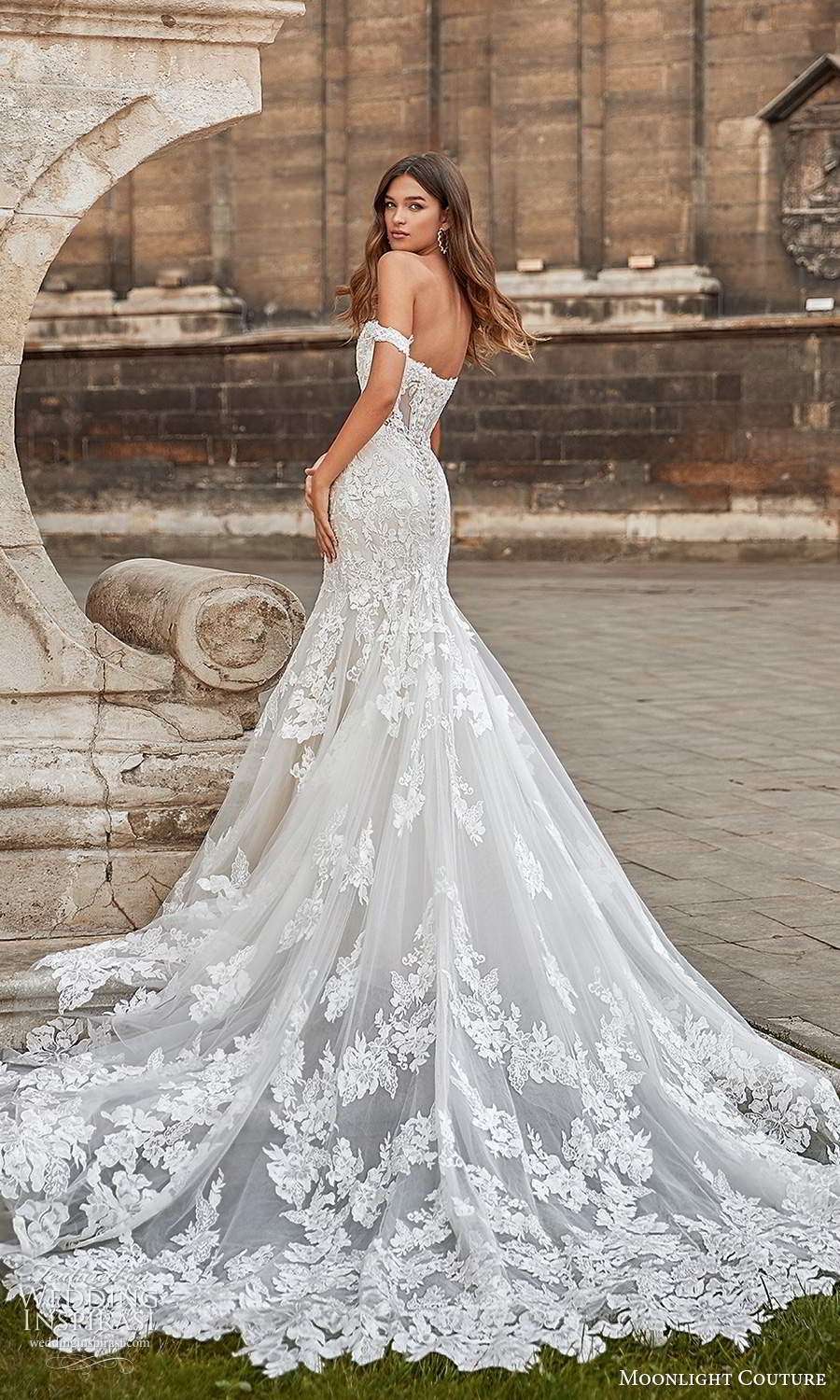 moonlight couture spring 2021 bridal off shoulder straps sweetheart neckline fully emebellished lace fit flare mermaid wedding dress cathedral train (6) bv