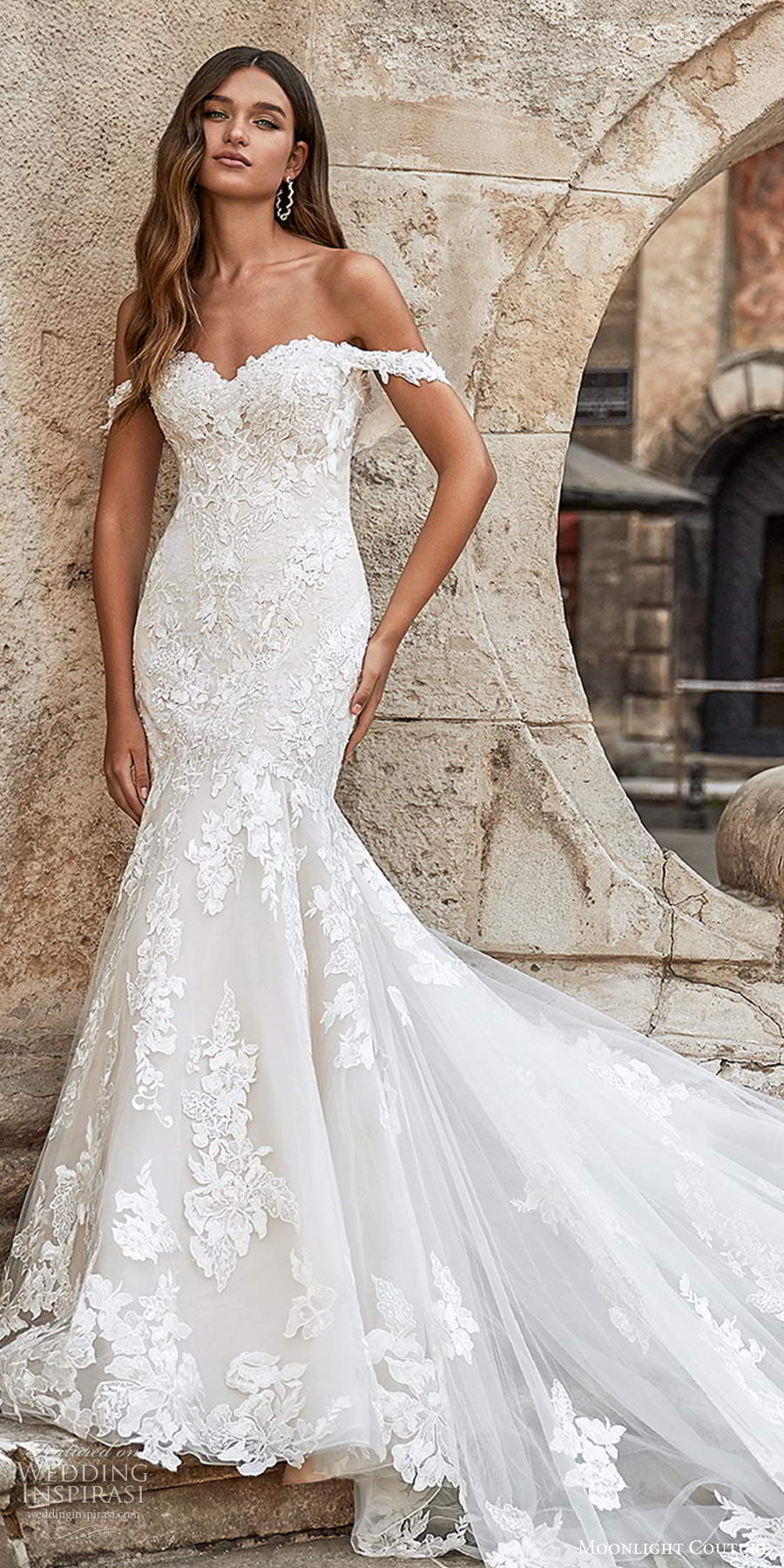 moonlight couture spring 2021 bridal off shoulder straps sweetheart neckline fully emebellished lace fit flare mermaid wedding dress cathedral train (6) lv